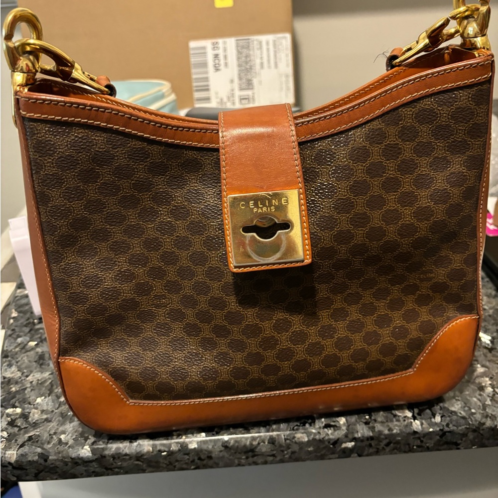 Celine Dark Brown and Tan Shoulder Bag with Gold Details